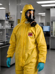 Detail žltého overalu OxyChem C420 s kapucňou, maskou a chemickými rukavicami