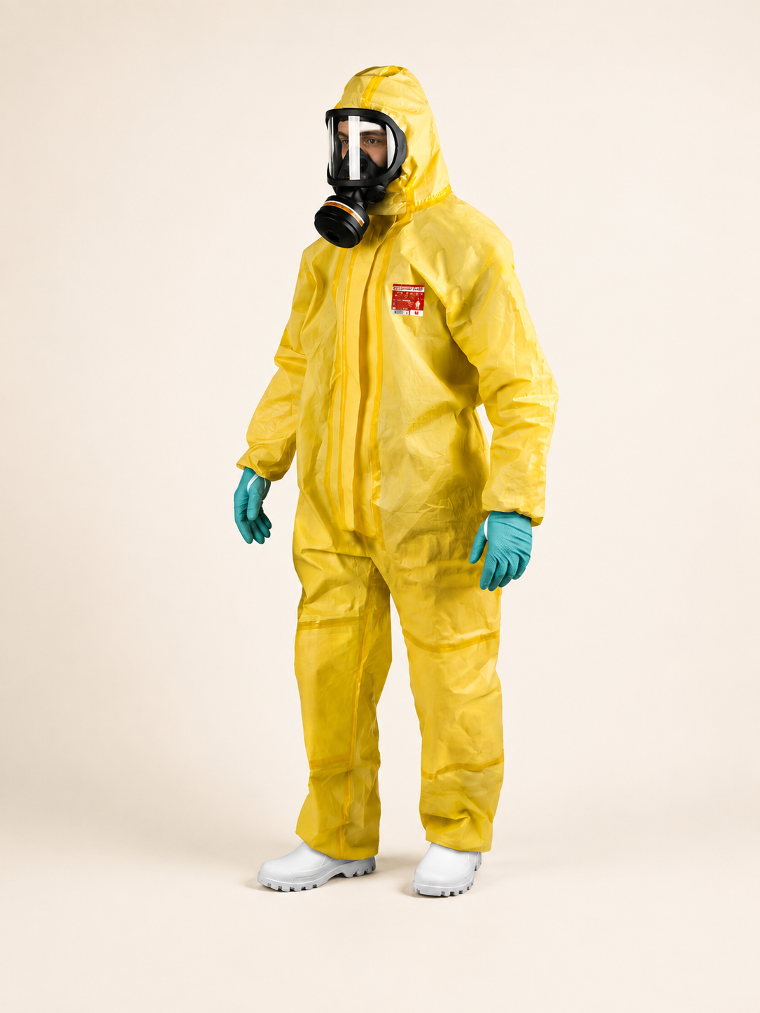 Žltý zosilnený chemický overal OxyChem C420 oblečený na postave s maskou