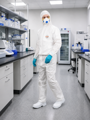 Pracovník v bielom overale OxyChem C110 a respirátore v laboratóriu