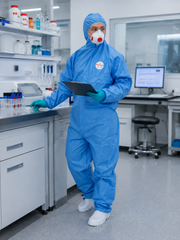 Pracovník v modrom overale OxyChem C110B s respirátorom v laboratóriu