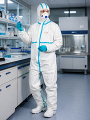 Pracovník v overale OxyChem C310 s lepenými švami pri laboratórnom stole