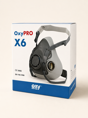 Predajné balenie polomasky OxyPRO X6 s vyobrazením masky na krabici