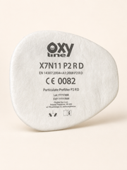 Detail predfiltra P2 Oxyline X7N11 s čitateľným označením a značkou CE