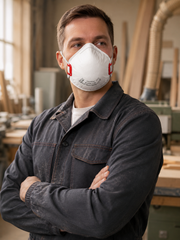 Muž so založenými rukami a nasadeným respirátorom FFP2 Oxyline X210 bez ventilu