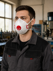 Muž v tmavej pracovnej bunde s nasadeným respirátorom FFP2 Oxyline X210