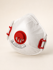 Biely respirátor FFP2 Oxyline X210 s červeným ventilom a červenými sponami