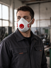 Muž v pracovnej bunde s nasadeným respirátorom FFP2 Oxyline XC210 s uhlím