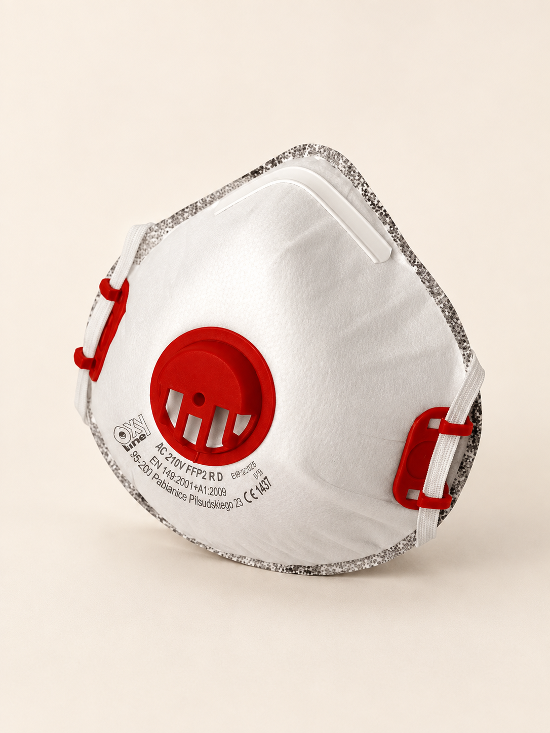 Respirátor FFP2 Oxyline XC210 s aktívnym uhlím — tmavý okraj a červený ventil