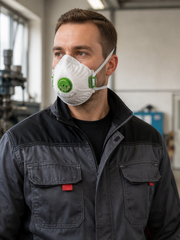 Muž v pracovnej bunde s nasadeným bielym respirátorom FFP3 so zeleným ventilom