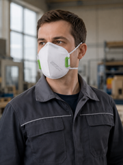 Muž v pracovnej bunde s nasadeným skladaným respirátorom FFP3 Oxyline XF350