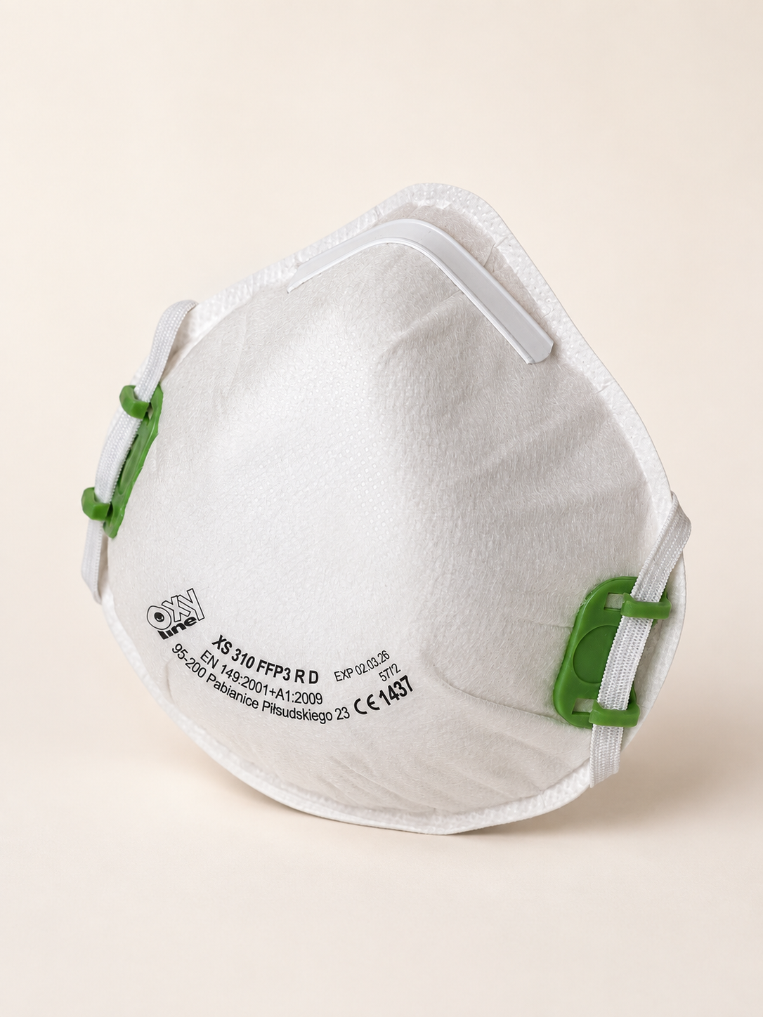 Biely respirátor FFP3 Oxyline XS310 bez ventilu so zelenými sponami